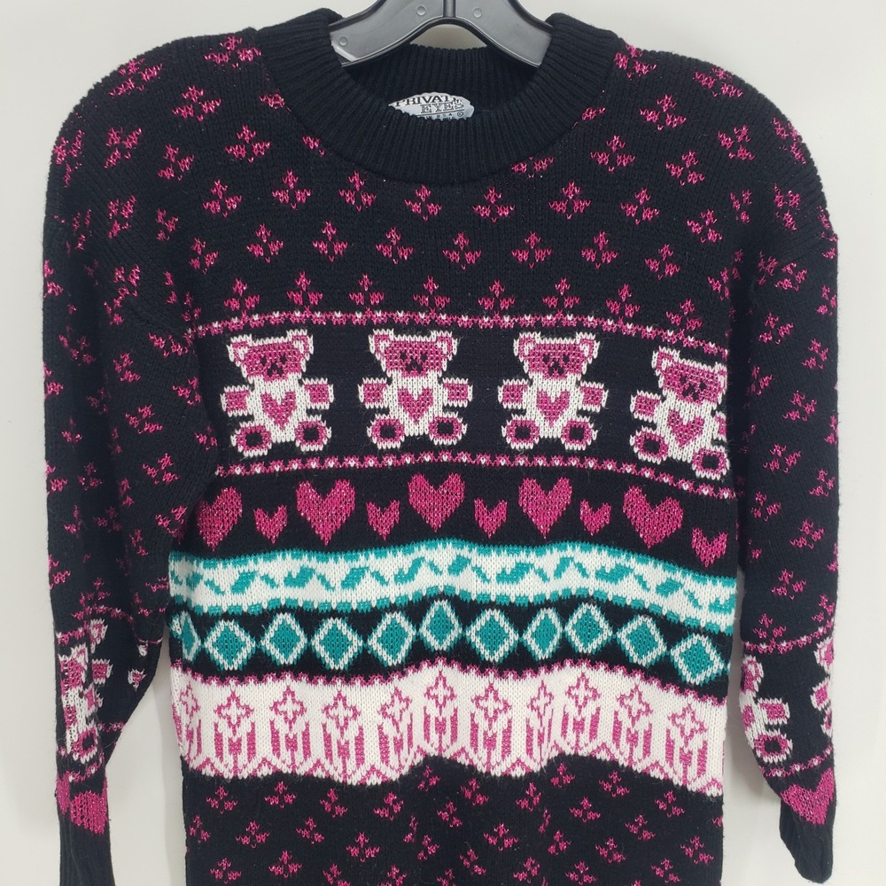 Vintage 90s Private Eyes Bear Heart Fair Isle Sweater Womens XS Black Pink Lurex - Picture 4 of 8